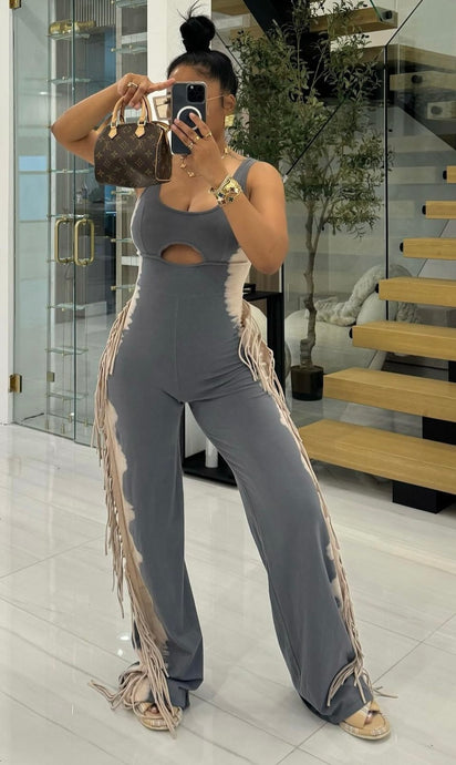 Grey and Tan Fringe Jumpsuit